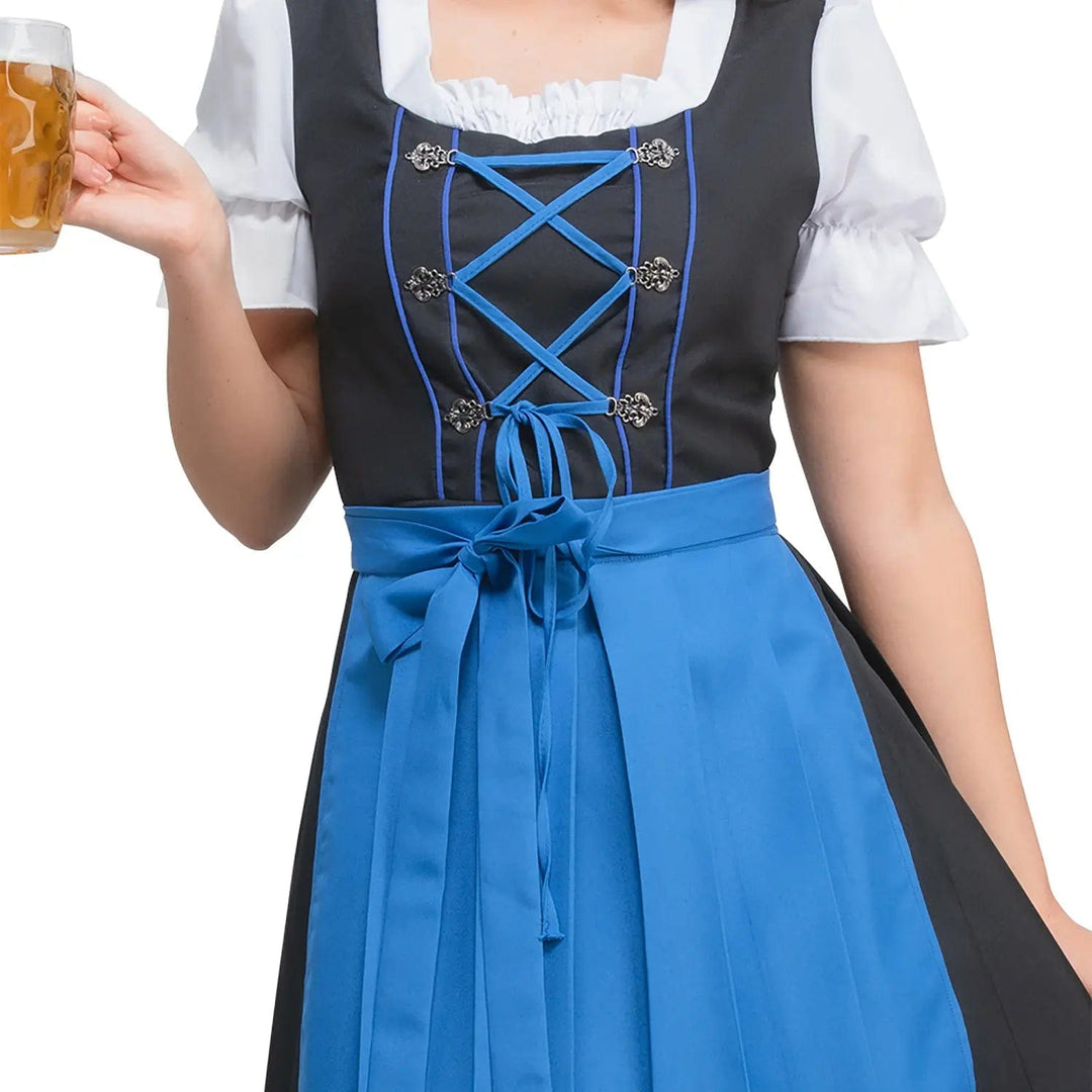 Close up of the laced bodice and blue apron of a beer festival fancy dress costume