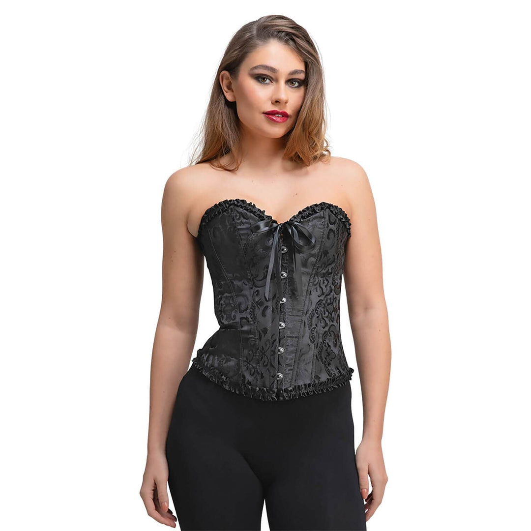Woman wearing a black corset with satin and lace detailing for fancy dress costume and role play