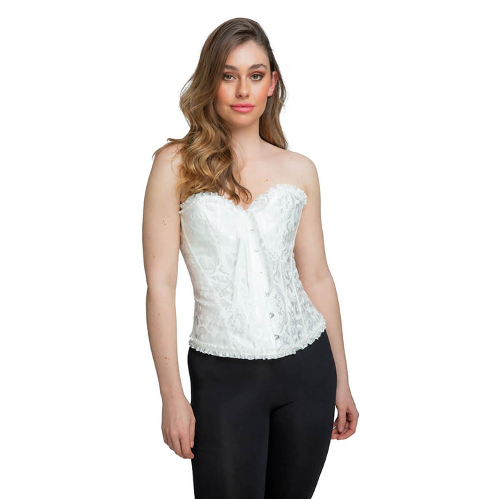 Woman wearing a white corset with satin and lace detailing for fancy dress costumes and role play