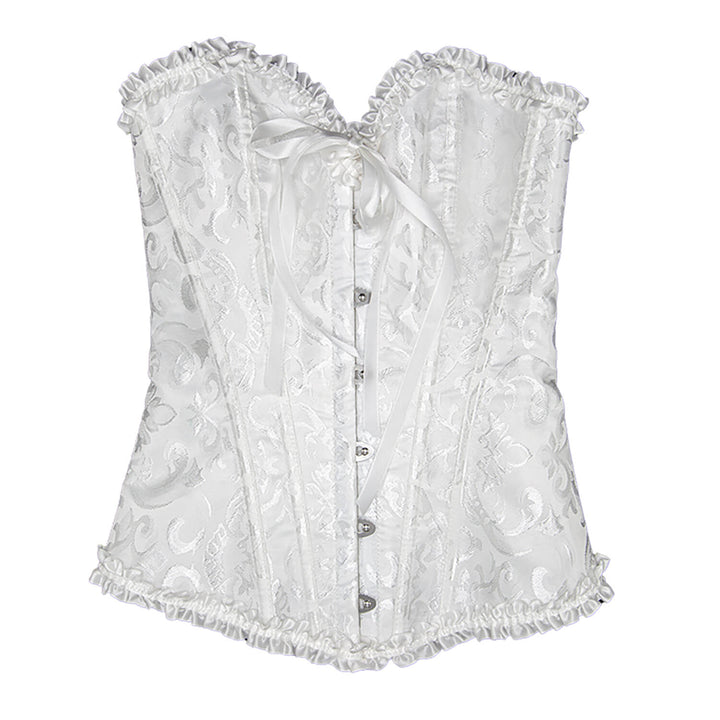 Front of a white corset with metal clasps, for fancy dress costumes