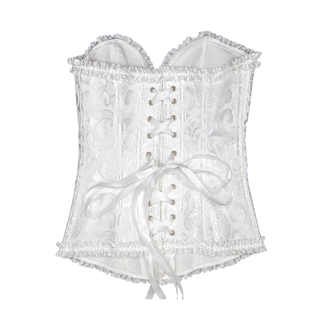 Detail of cross ribbon fastening on the back of a white costume corset