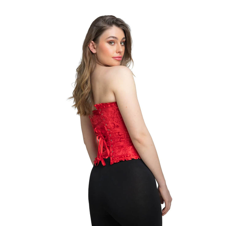 view of the back of a red corset being worn by a woman