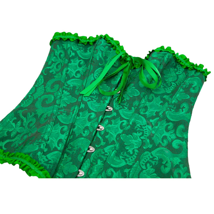 Close up of the front of a green corset for fancy dress costumes
