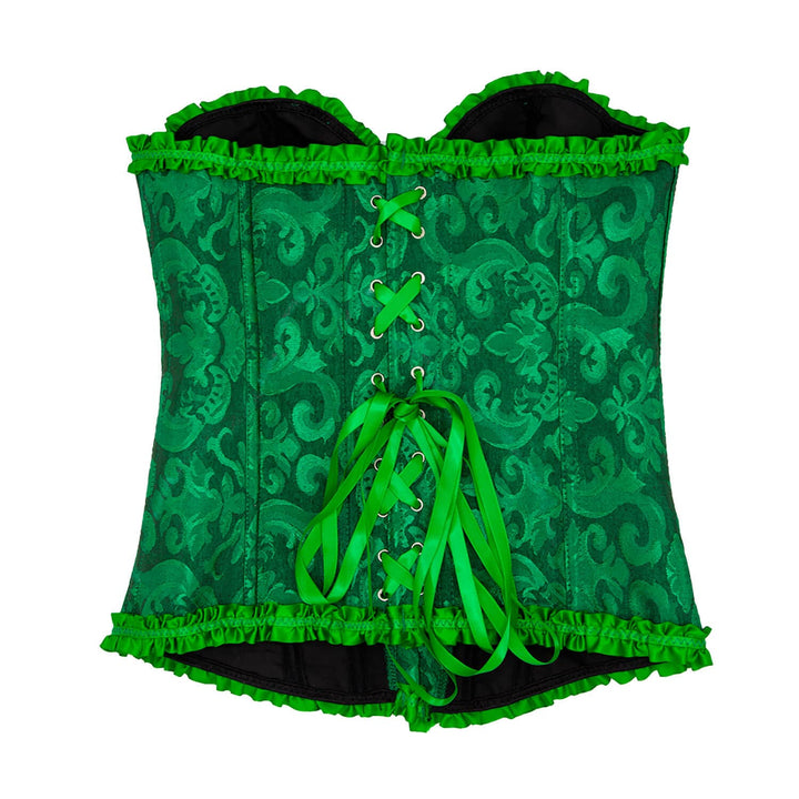 Back of a green corset with crossed satin ribbon ties and bow