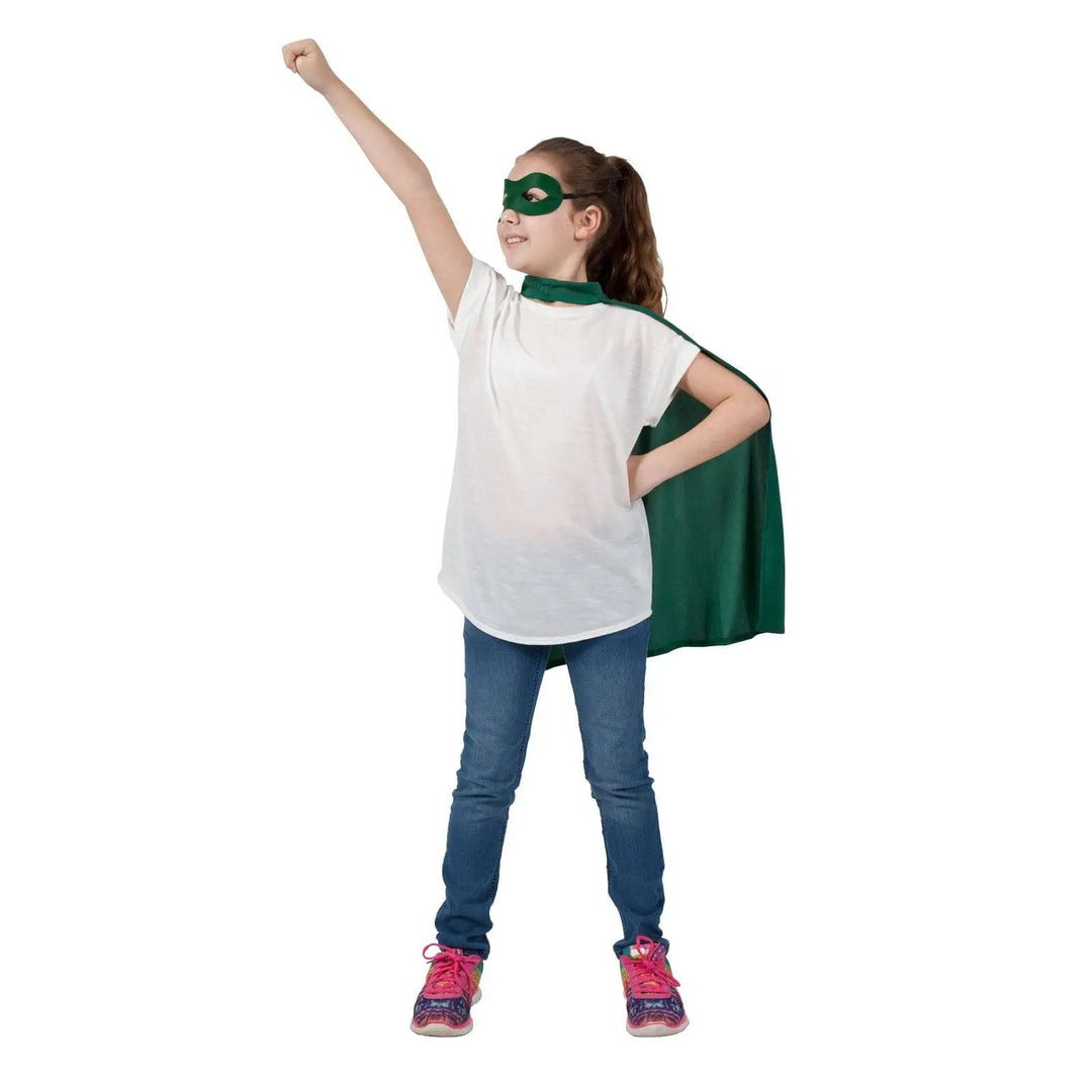 Girl wearing a green eye mask and superhero cape for Halloween fancy dress costumes