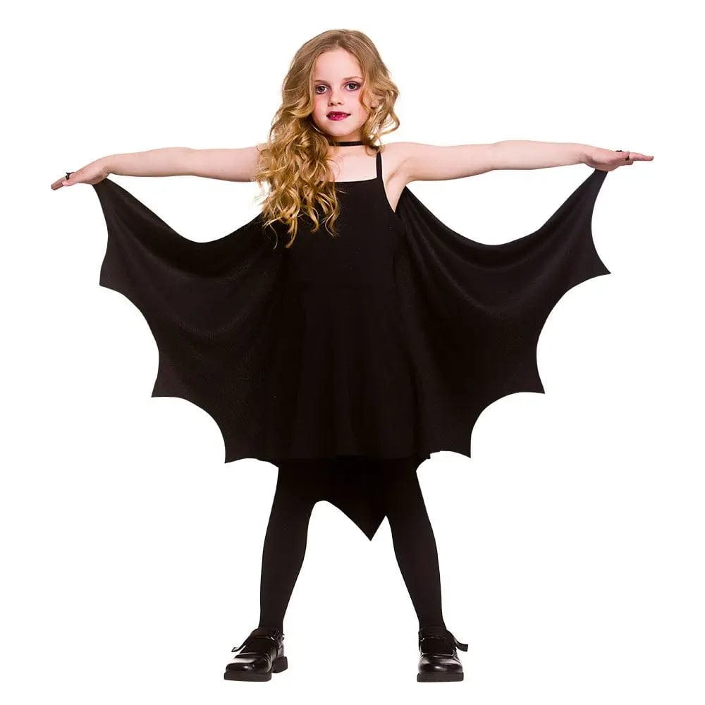 Girl wearing a black wing bat cape for Halloween fancy dress costumes