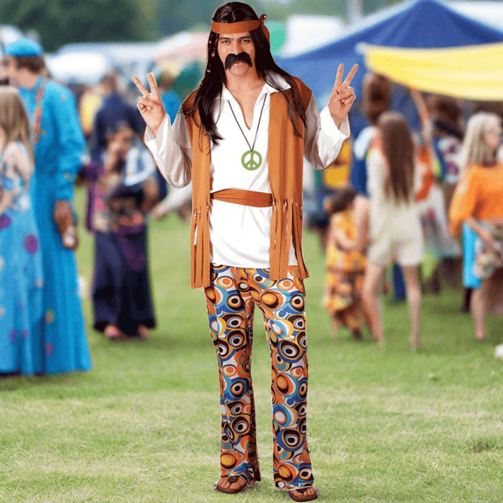 Mens 60s Woodstock Hippy Fancy Dress in a Festival Scene