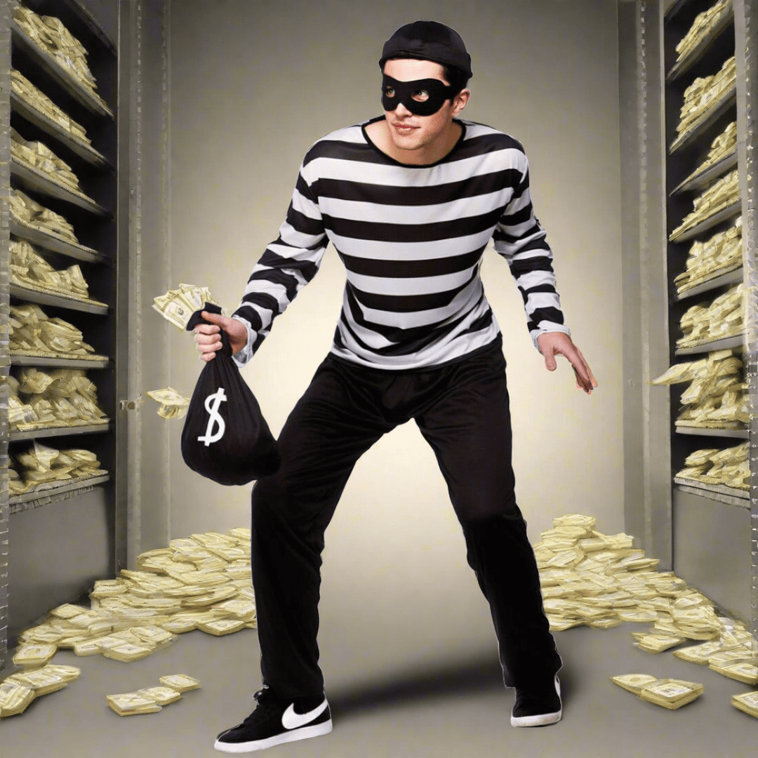 Mens Burglar Bank Robber Fancy Dress in bank vault