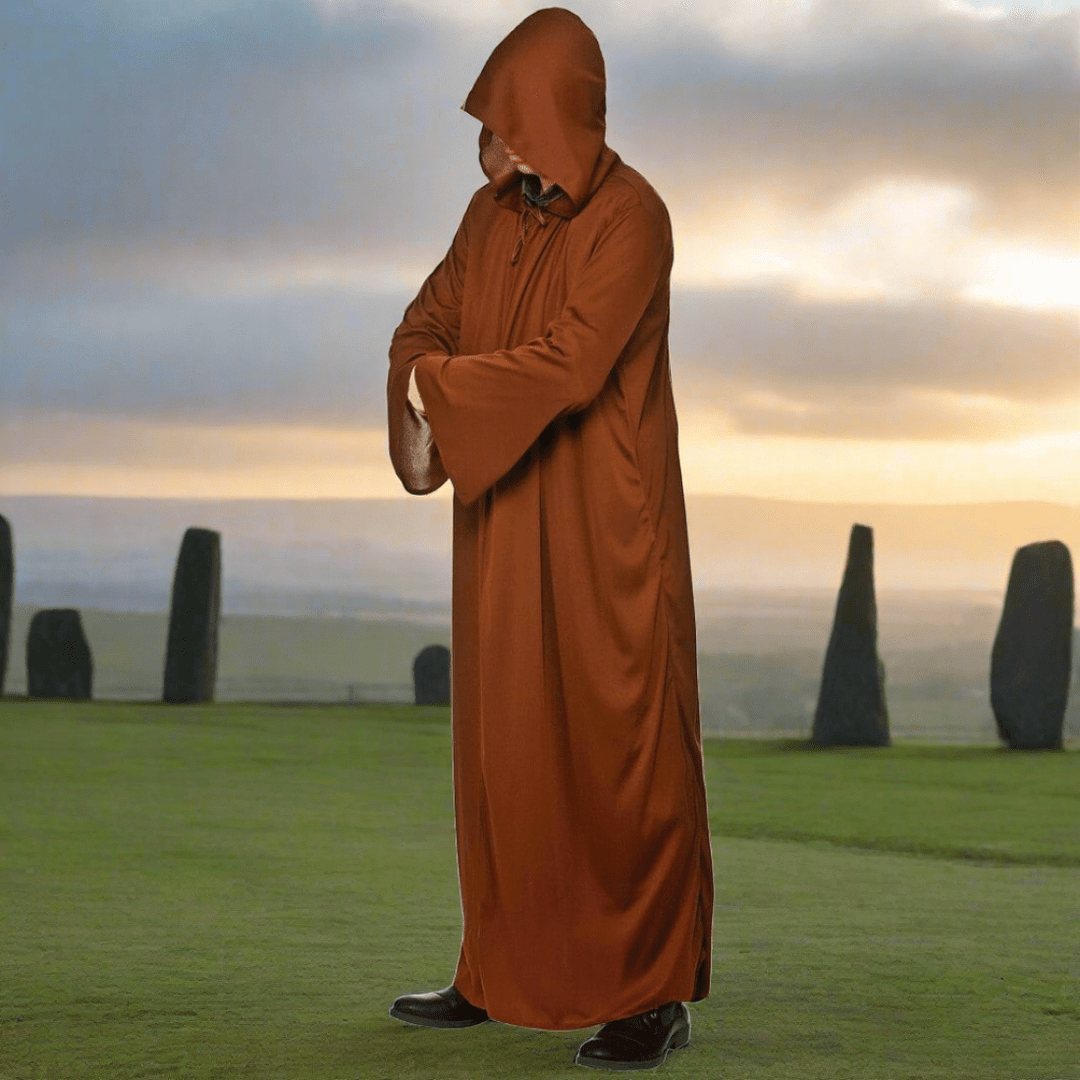 A Druid hooded gown and standing stones background