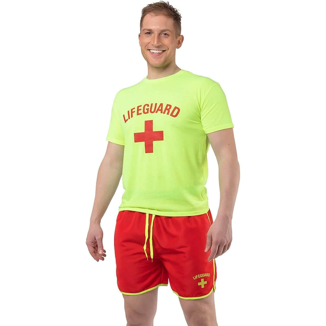 Mens Lifeguard Costume UV Glow Shorts T-Shirt Fancy Dress