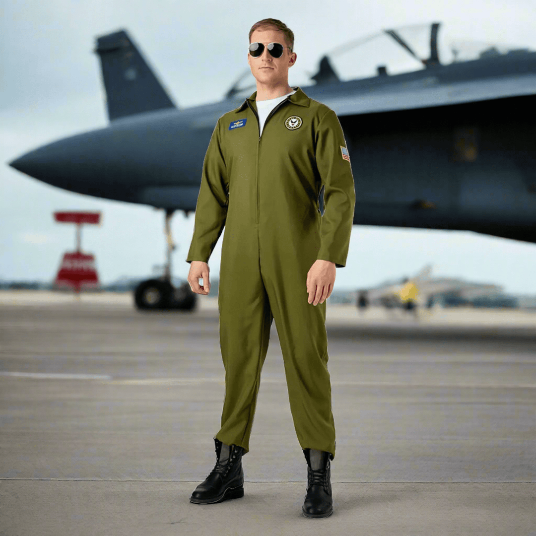 Top Gun Pilot Costume Aviator infront of Jet