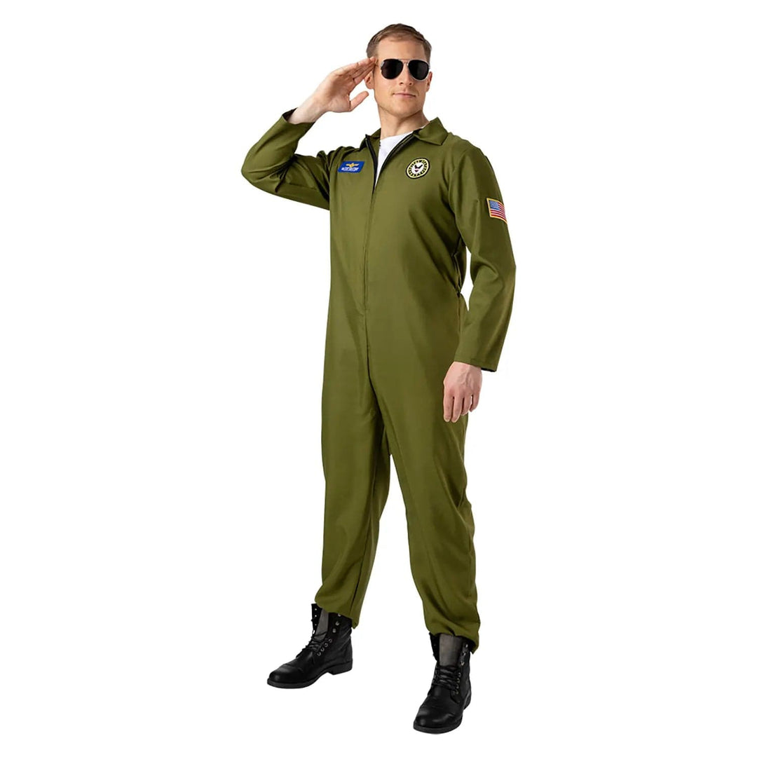 Male model saluting wearing a green jumpsuit for US navy pilot fancy dress costume