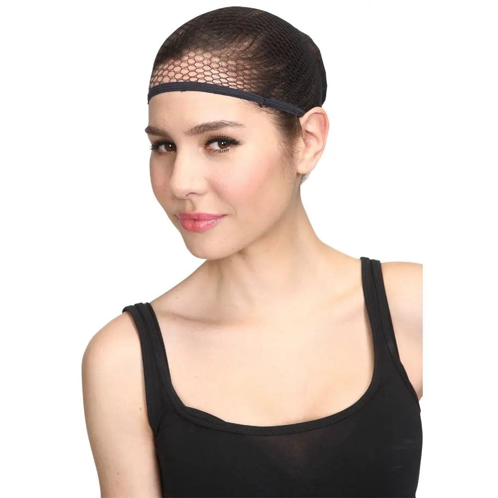 Woman wearing a black mesh wig cap hair net to keep hair in place while wearing a fancy dress wig