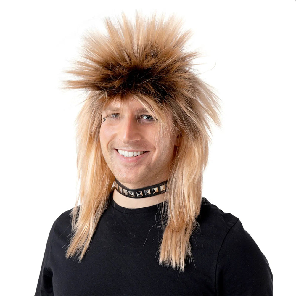 Man wearing a big spiky blonde glam rocker wig for 1980s fancy dress costumes