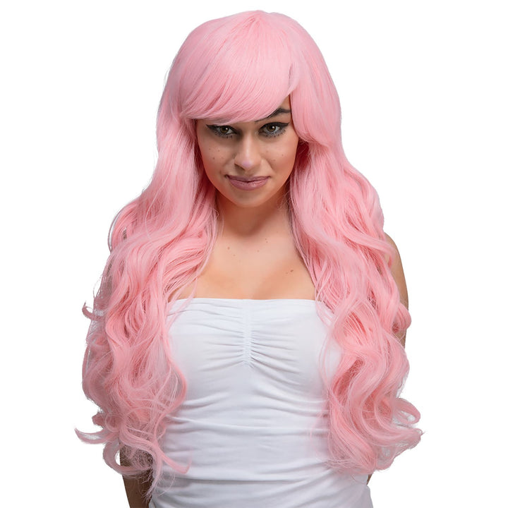 Lady wearing a very long pink wavy hair wig for cosplay and fancy dress fun