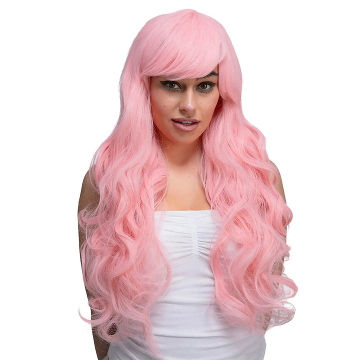 Bubblegum pink waist length wig with wavy hair for Cosplay and fancy dress costumes