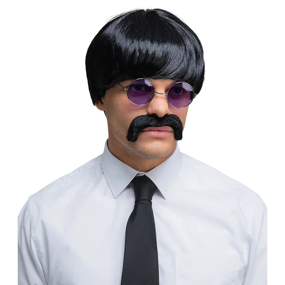 Man wearing a 60s pop icon black wig and moustache set for Beatles fancy dress costumes