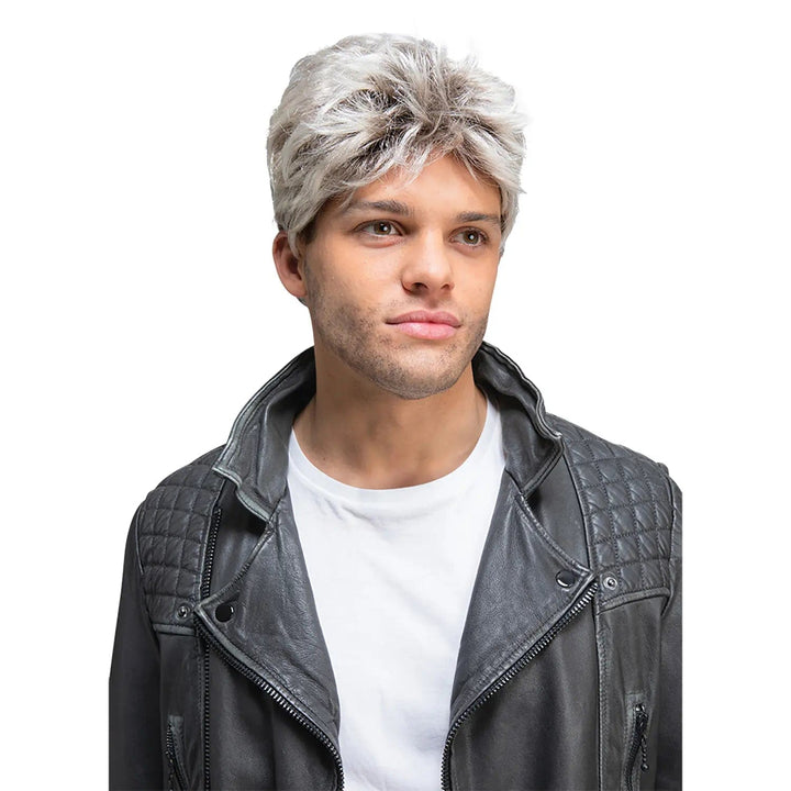 Male model wearing a leather jacket and 80s pop icon wig for fancy dress costumes