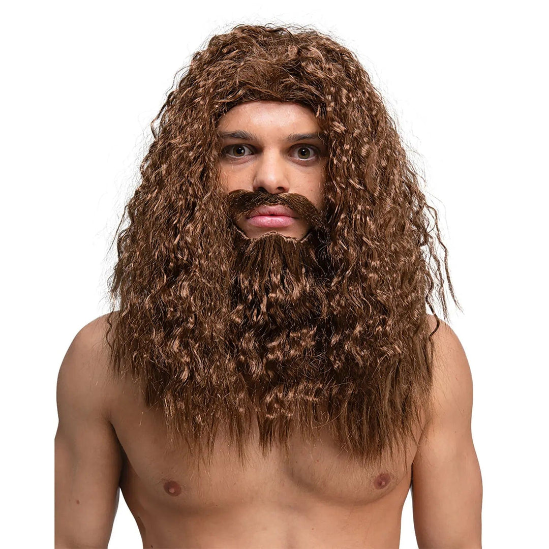 Man wearing a long curly brown wig with curly beard and moustache for fancy dress cave man costumes