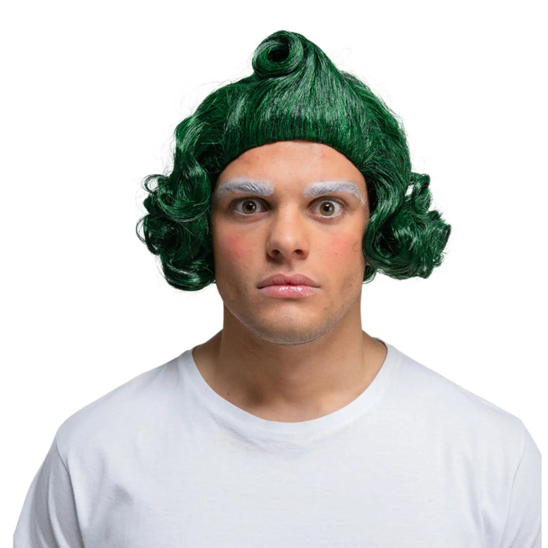 Man wearing a green styled wig for Oompa-Loompa Chocolate Factory worker fancy dress costume