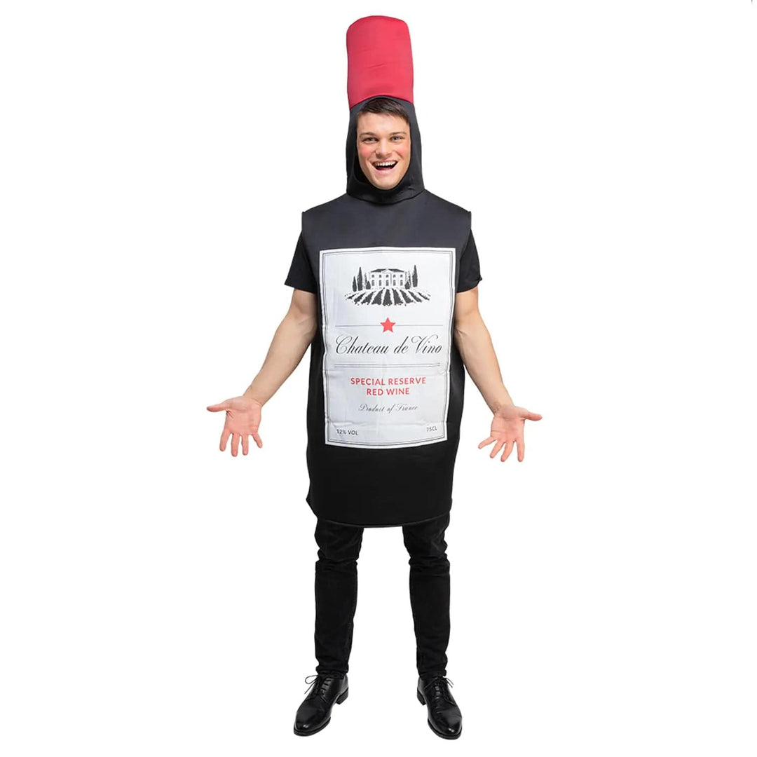 Man wearing a French red wine bottle fancy dress costume with red bottle top hood