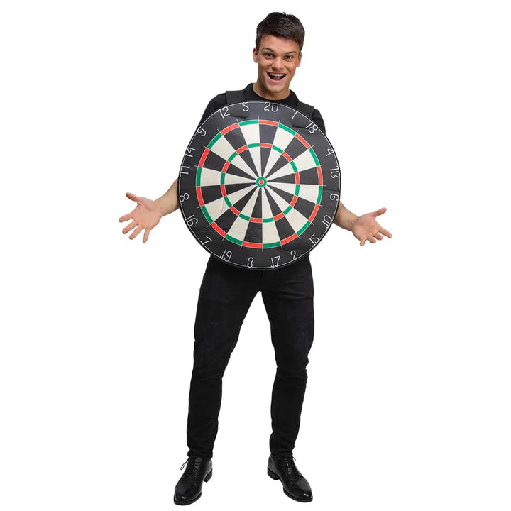 Man wearing a dart board tabard fancy dress costume for sports theme parties