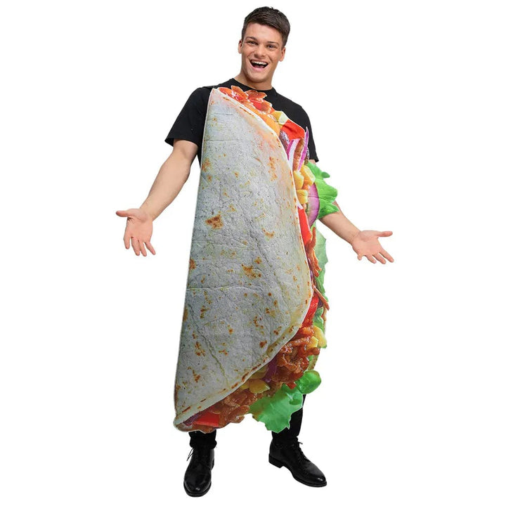 Young man wearing a taco shape costume for food theme fancy dress parties