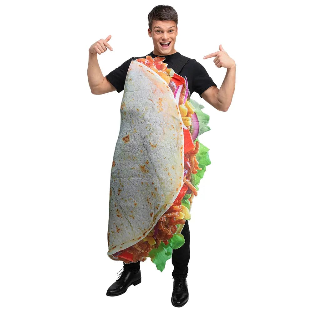 Man pointing to his printed image taco fancy dress costume