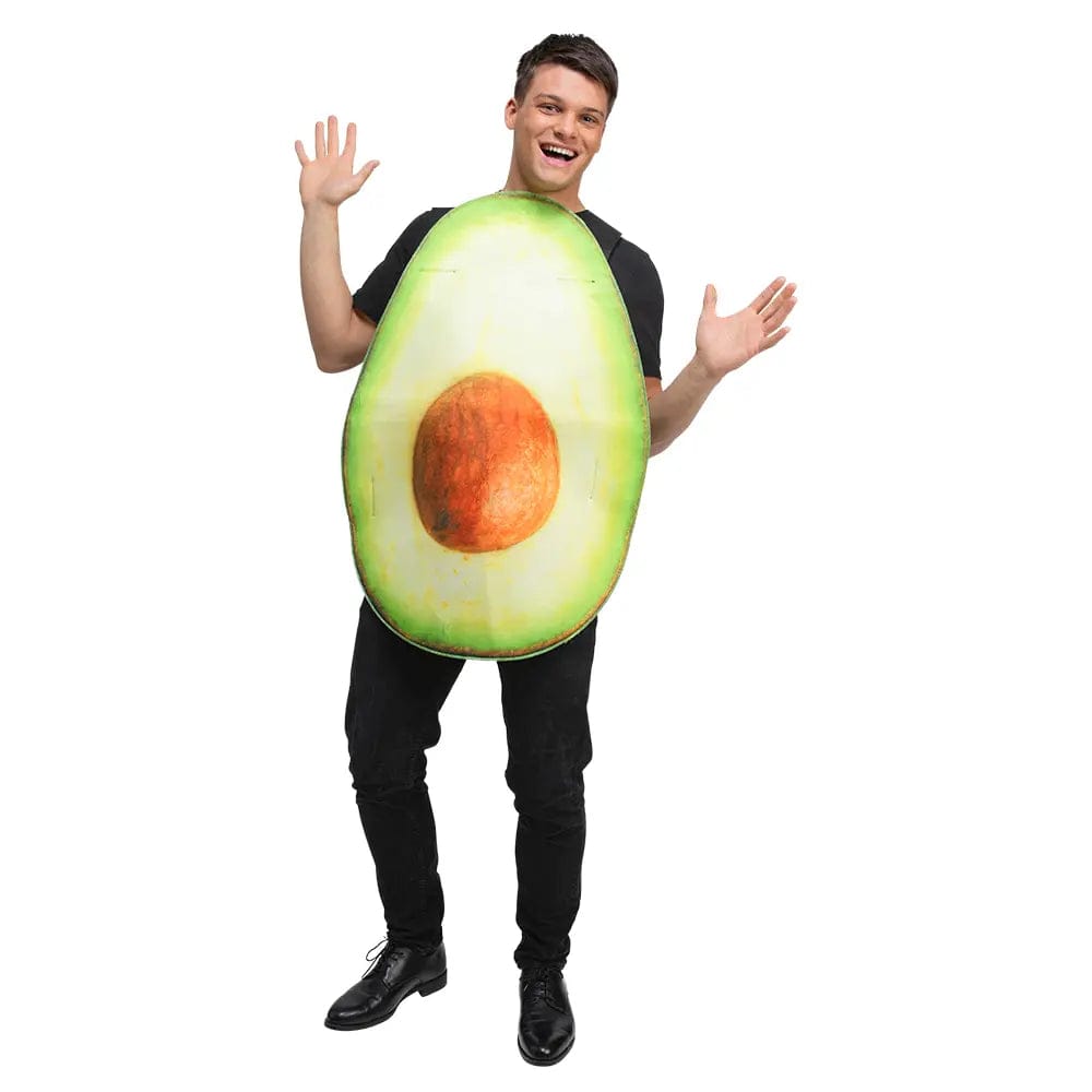 Man wearing a half avocado shape costume for food theme fancy dress parties