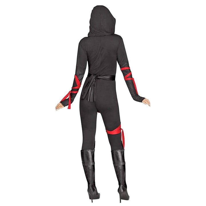 A woman modeling a black hooded ninja-style one-piece costume from the back, featuring red accents on the sleeves and thighs, paired with black knee-high boots against a plain white background.