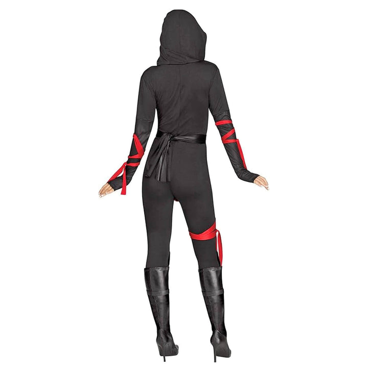 A woman modeling a black hooded ninja-style one-piece costume from the back, featuring red accents on the sleeves and thighs, paired with black knee-high boots against a plain white background.