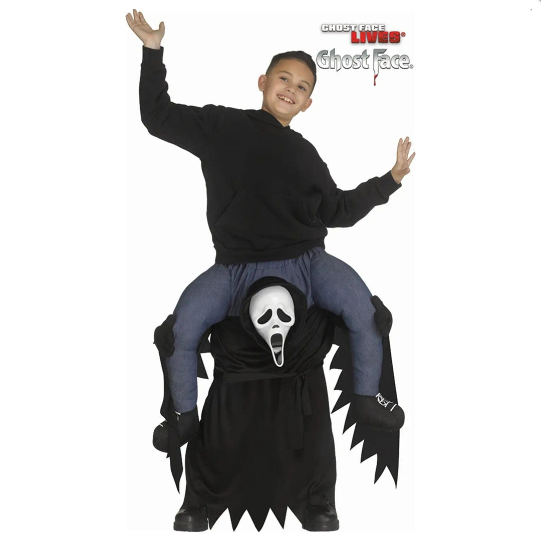 Boy dressed in a CarryMe Ghost Face Scream costume with white mask and fake legs to look like you are being carried