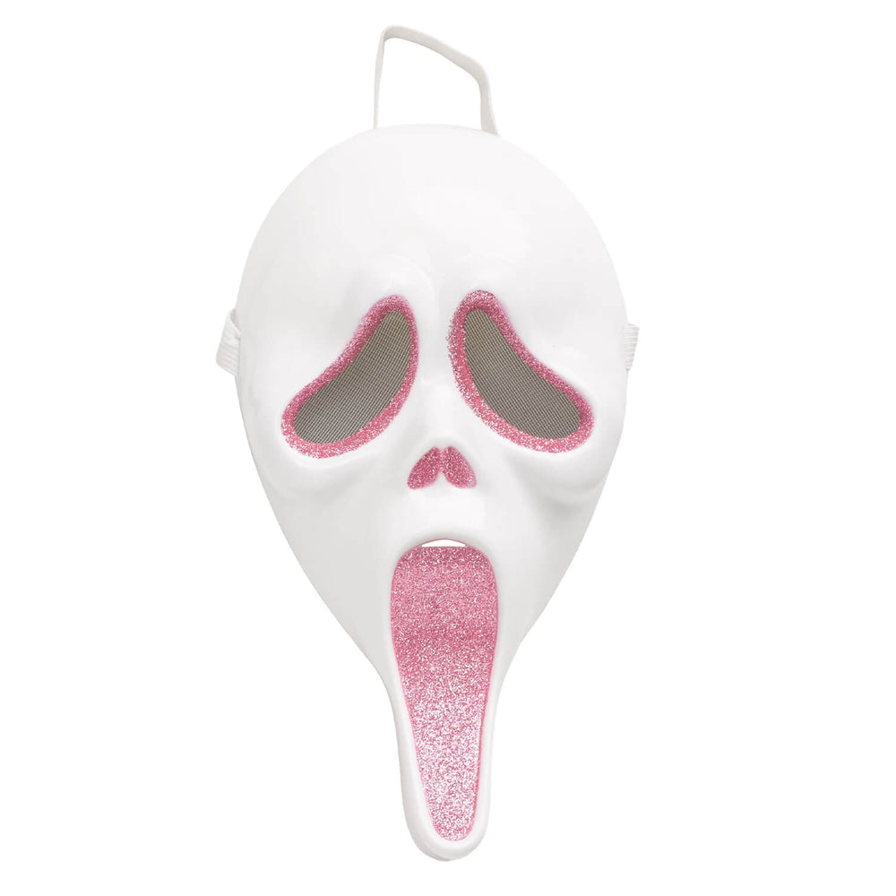 A white Ghostface-style Halloween mask with glittery pink eye cutouts, nose, and tongue, shown against a plain white background.