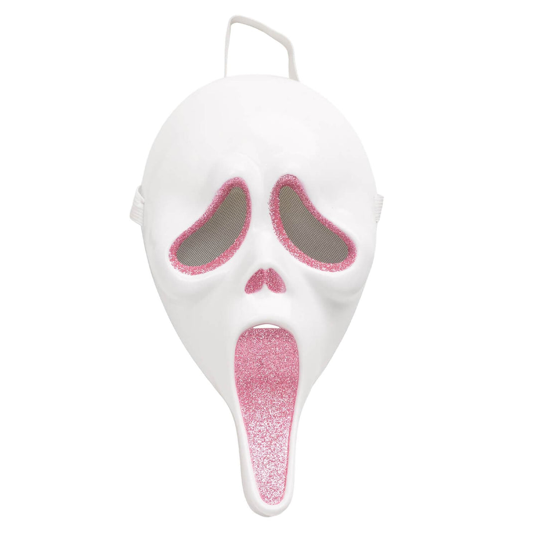 A white Ghostface-style Halloween mask with glittery pink eye cutouts, nose, and tongue, shown against a plain white background.