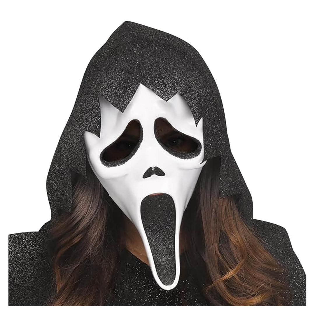 Person wearing a white Ghost Face mask with black jagged edge hood