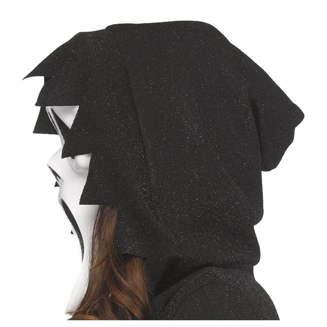 Side view of a person wearing a glittering black hood and white Ghost Face mask