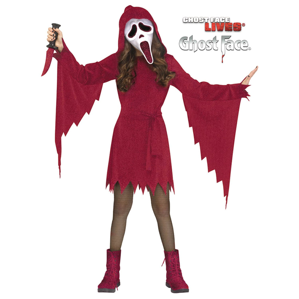 A teen girl modelling a crimson Ghost Face costume with white mask from the Scream movie franchise
