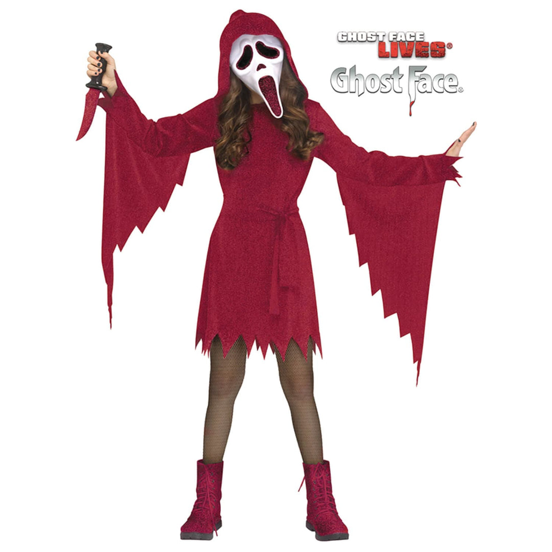 A teen girl modelling a crimson Ghost Face costume with white mask from the Scream movie franchise