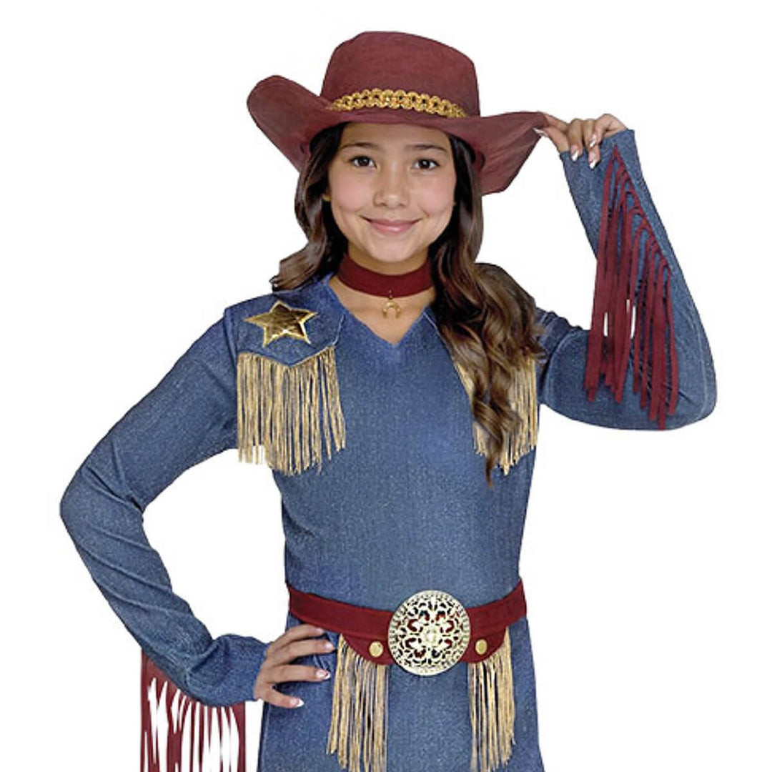 Young lady wearing a rodeo fancy dress costume with cowboy hat and belt