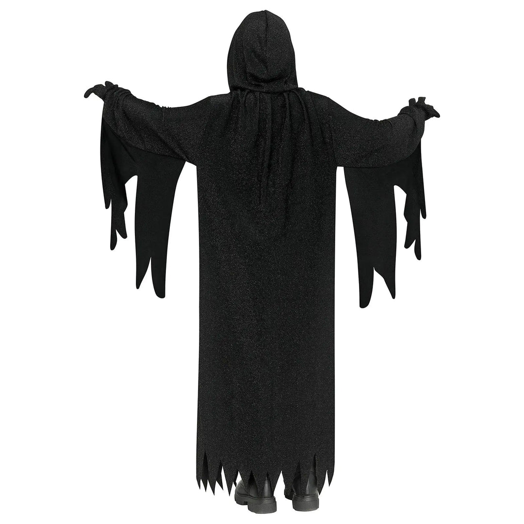 Back of a childs Ghost Face fancy dress costume with long jagged edge sleeves