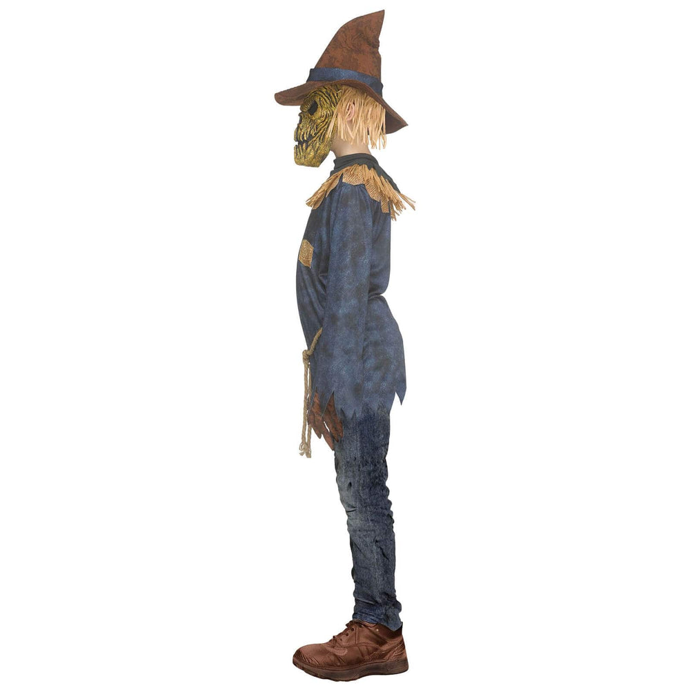 A full-body scarecrow costume shown in side profile on a plain white background. The costume includes a brown pointed hat, straw hair, a distressed blue shirt, brown trousers, and brown boots.