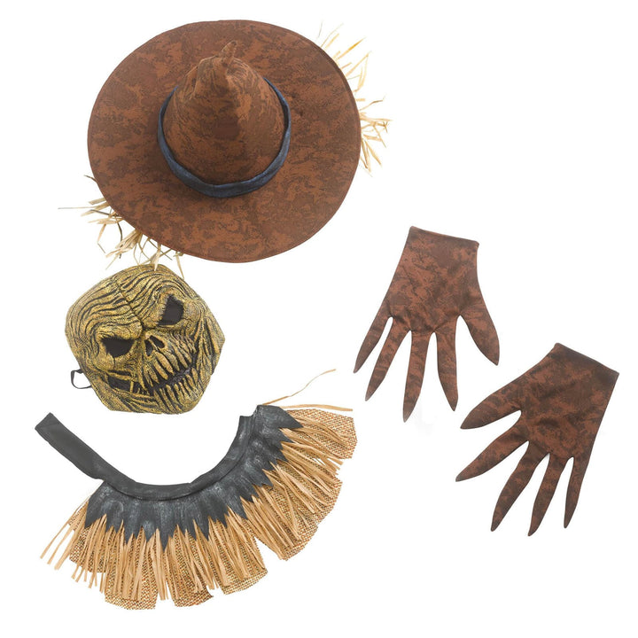 Creepy scarecrow face gloves hat and straw collar on a white background