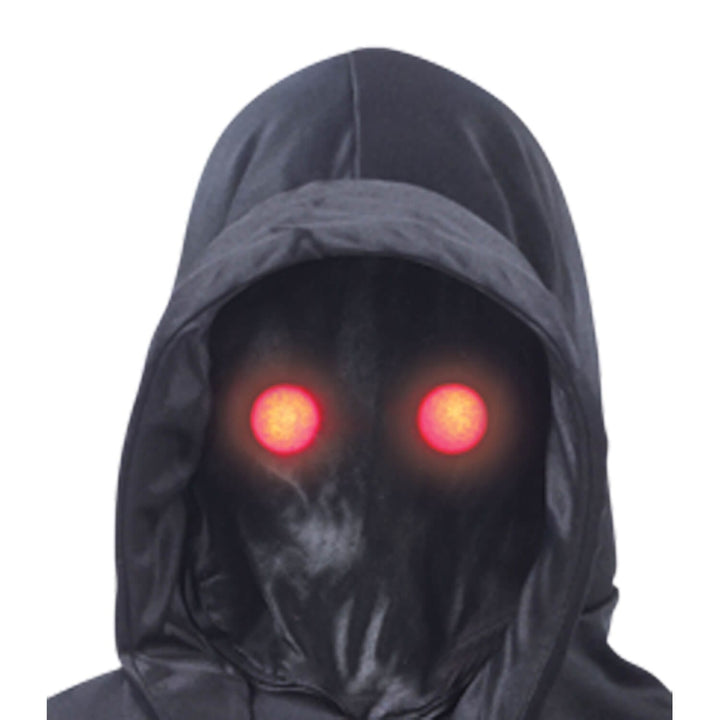 Dark hooded mask with glowing red eyes on a white background