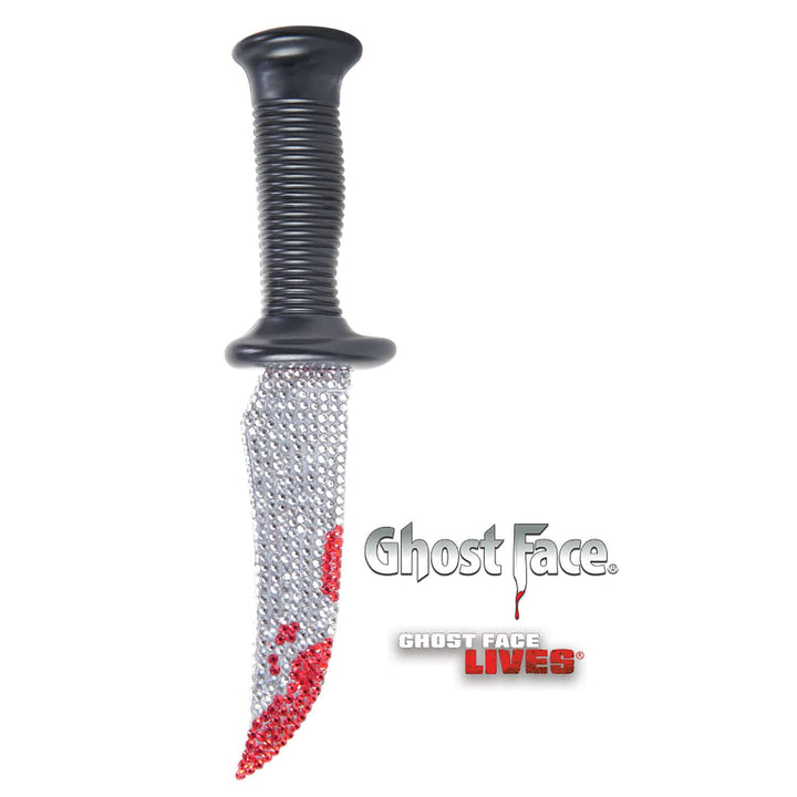 Decorative knife with rhinestone blade and black handle on a white background, featuring &