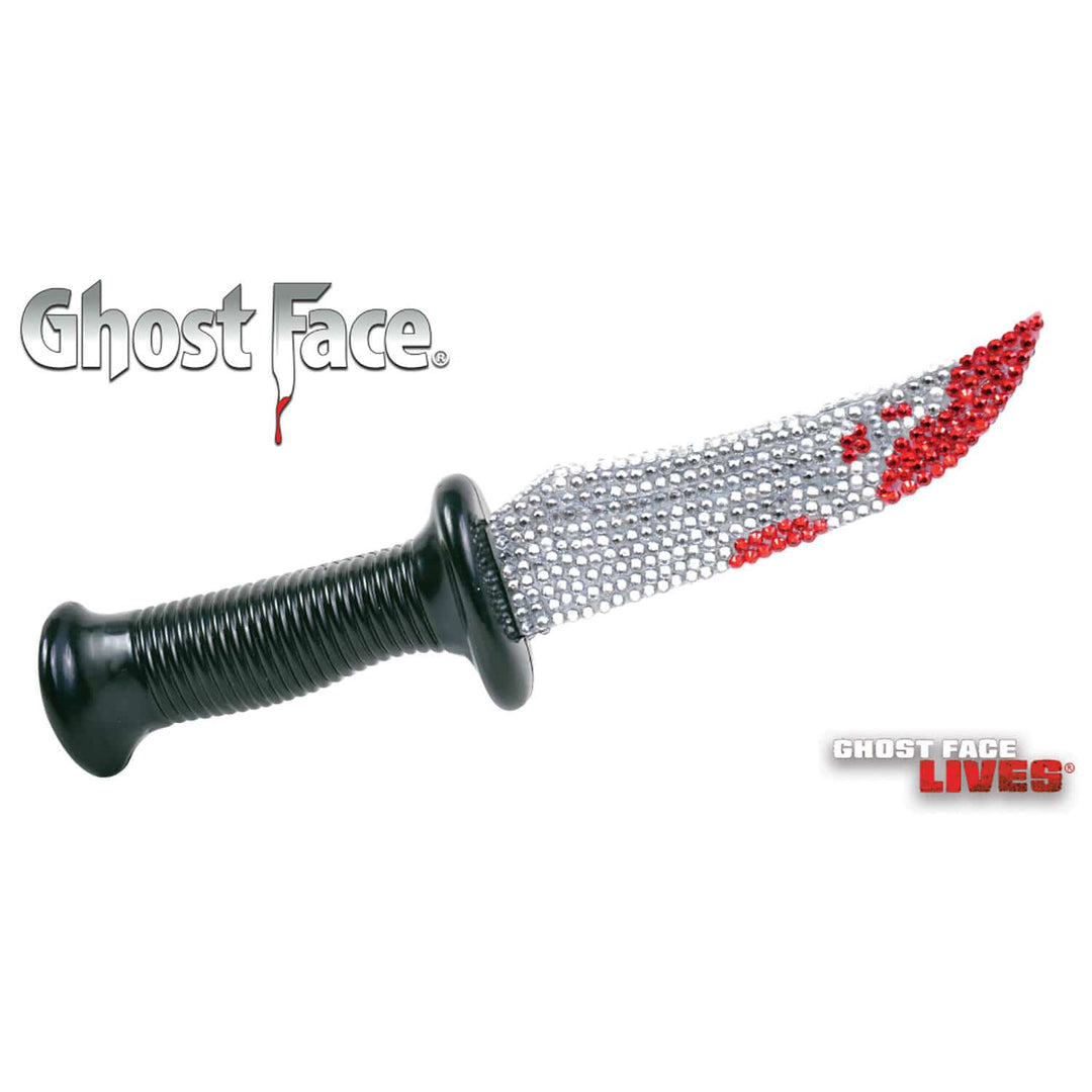 Fancy Dress plastic knife with a black handle and red and white diamante blade on a white background, featuring the brand 'Ghost Face'.