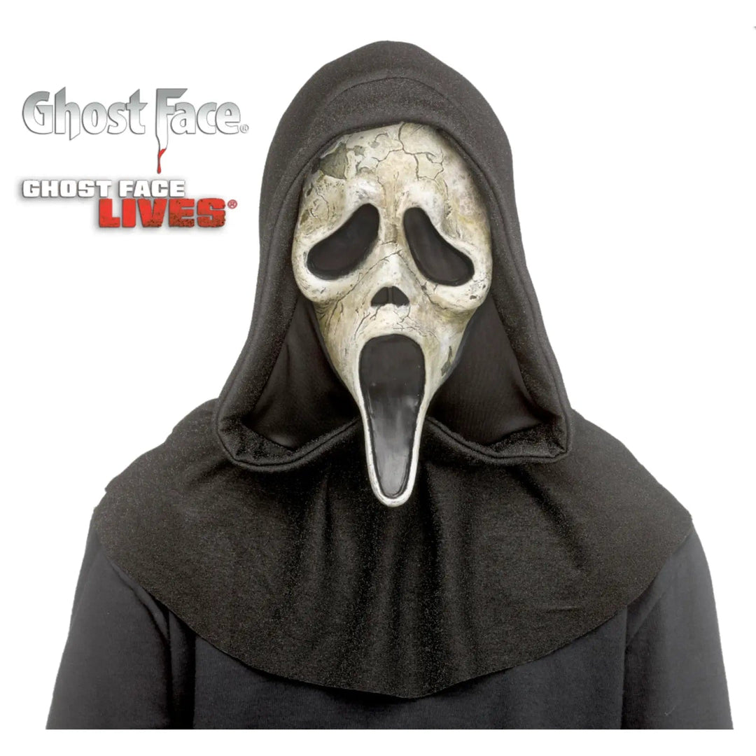 Ghost Face Halloween mask with white aged and weathered mask and black hood with silver sparkles