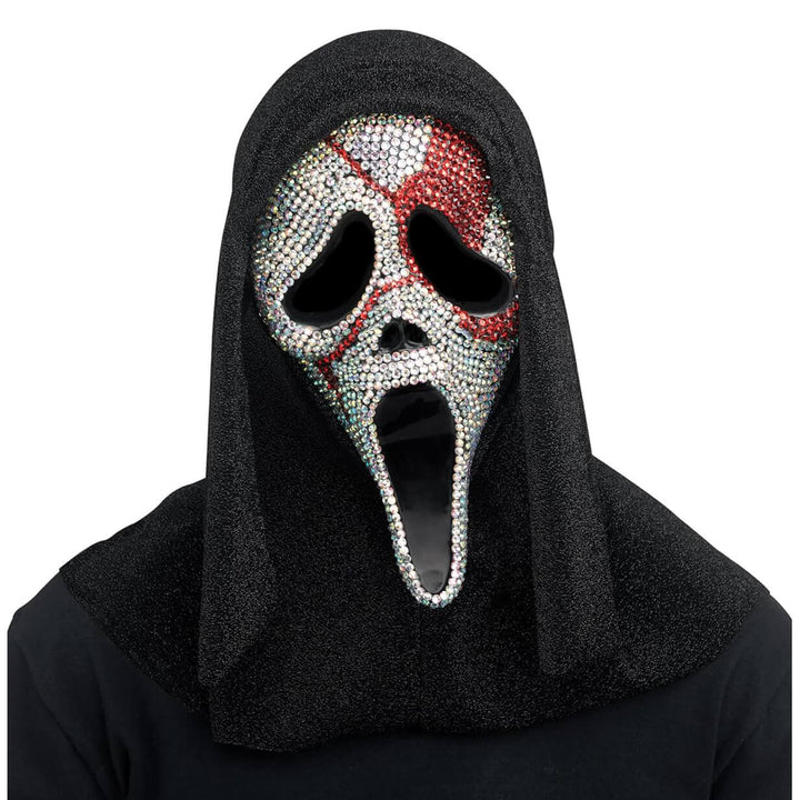 Ghost Face silver and red rhinestone mask with shimmering black hood