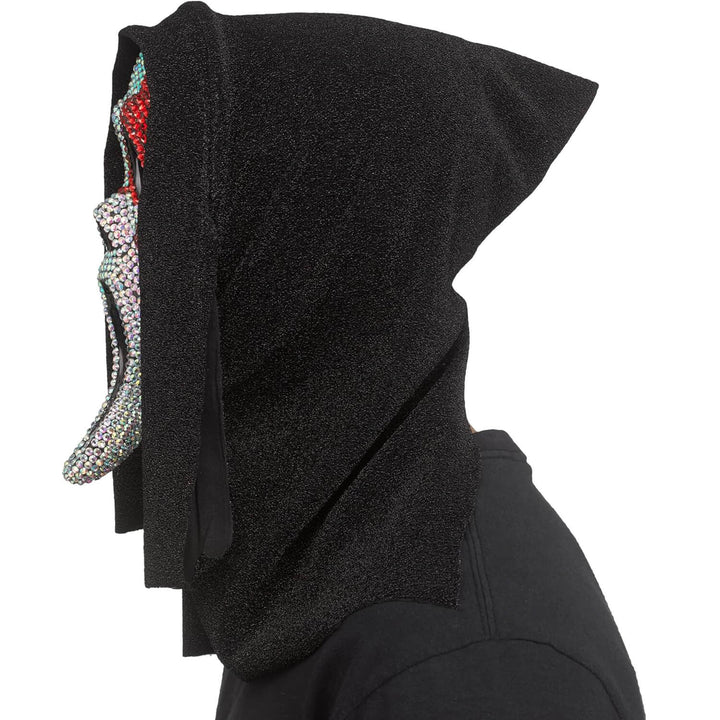 Profile of  hooded Ghost Face mask with iridescent and red diamante decoration