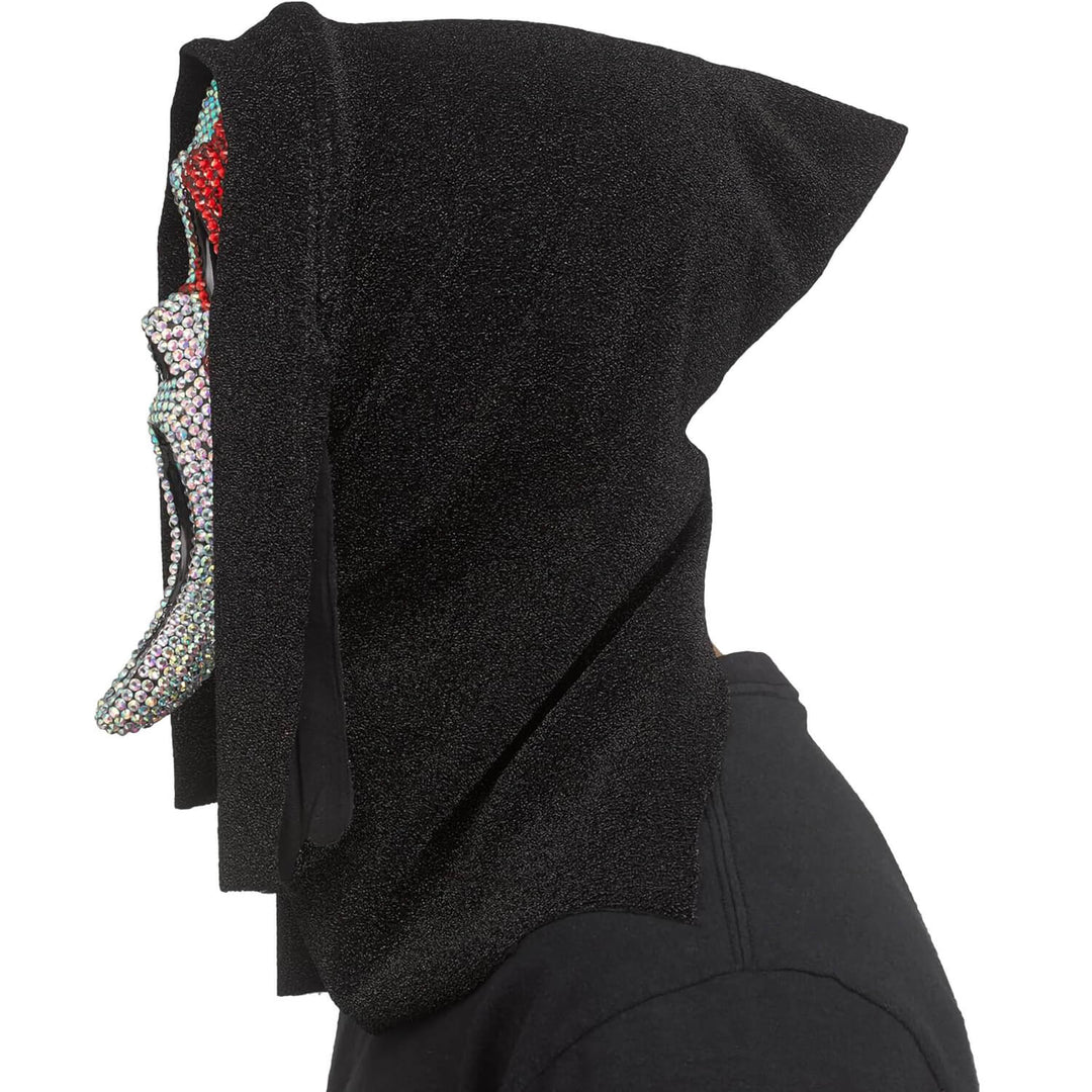Profile of  hooded Ghost Face mask with iridescent and red diamante decoration