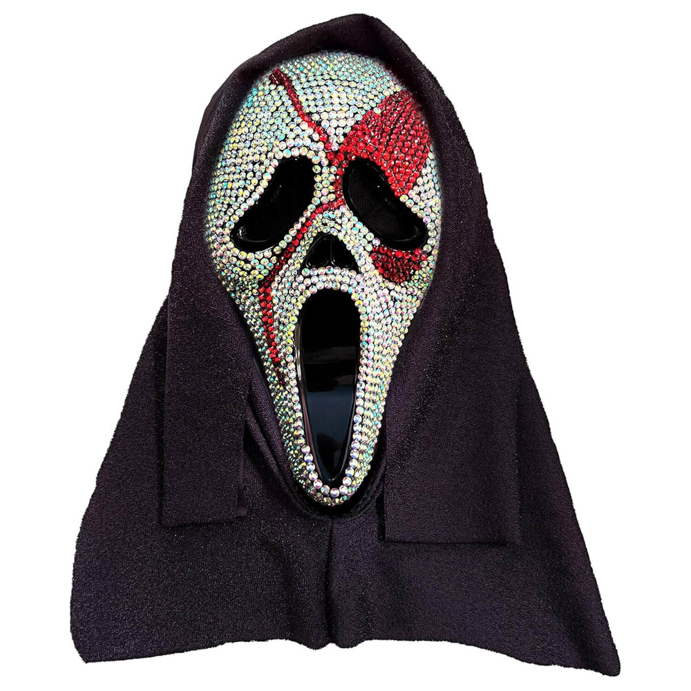 A Ghost Face bling hooded mask covered in iridescent and red rhinestones shown against a plain white background.